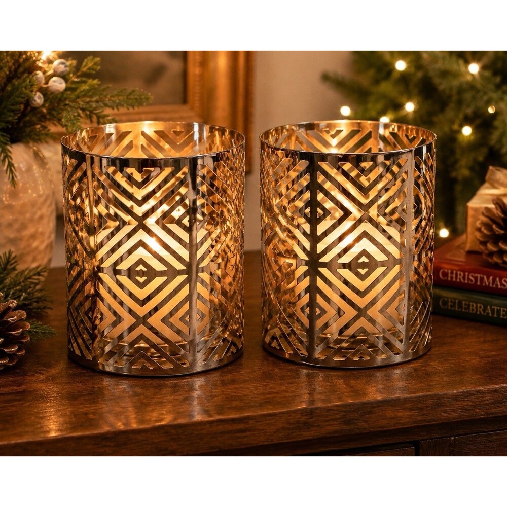 Bath Body Works Slatkin & Co Silver Geometric Candle Holders Set 2 Large 8”